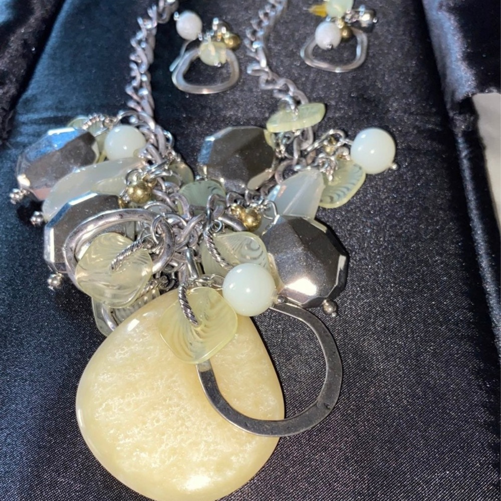 Chico's dainty light yellow, clear, white beaded choker necklace & earrings